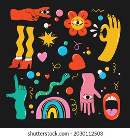 Big Set of Different colored Vector illustartions in Cartoon Flat design. Hand drawn Abstract shapes, funny Comic characters.