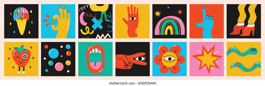 Big Set of Different colored Vector illustartions in Cartoon Flat design. Hand drawn Abstract shapes, funny cute - Shutterstock ID 2030935445