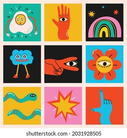 Big Set of Different colored Vector illustartions in Cartoon Flat design. Hand drawn Abstract shapes, funny cute