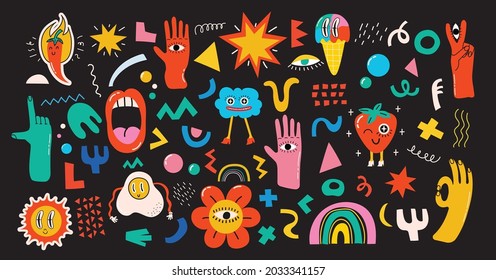 Big Set of Different colored Vector illustartions in Cartoon Flat design. Hand drawn Abstract shapes, funny cute
