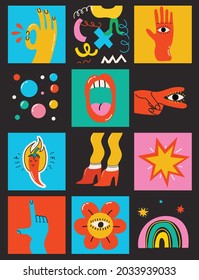 Big Set of Different colored Vector illustartions in Cartoon Flat design. Hand drawn Abstract shapes, funny cute - Shutterstock ID 2033939033