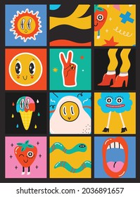 Big Set of Different colored Vector illustartions in Cartoon Flat design. Hand drawn Abstract shapes, funny cute - Shutterstock ID 2036891657