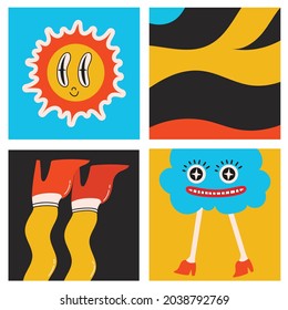 Big Set of Different colored Vector illustartion posters in Cartoon Flat design. Hand drawn Abstract shapes, funny Comic characters.