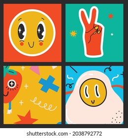 Big Set of Different colored Vector illustartion posters in Cartoon Flat design. Hand drawn Abstract shapes, funny Comic characters.