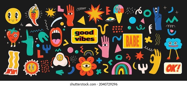 Big Set of Different colored Vector illustartion posters in Cartoon Flat design. Hand drawn Abstract shapes, funny Comic characters.