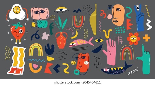 Big Set of Different colored Vector illustartion posters in Cartoon Flat design. Hand drawn Abstract shapes, funny Comic characters.