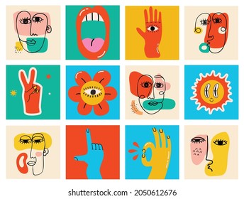 Big Set of Different colored Vector illustartion posters in Cartoon Flat design. Hand drawn Abstract shapes, funny Comic characters.