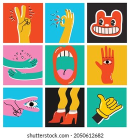 Big Set of Different colored Vector illustartion posters in Cartoon Flat design. Hand drawn Abstract shapes, funny Comic characters.