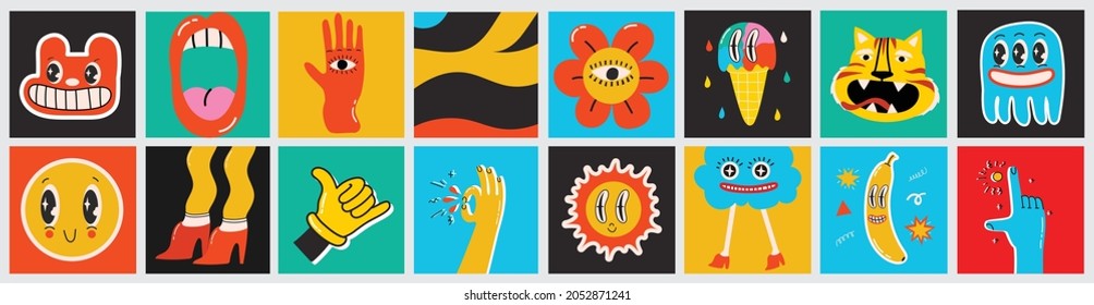 Big Set of Different colored Vector illustartion posters in Cartoon Flat design. Hand drawn Abstract shapes, funny Comic characters.