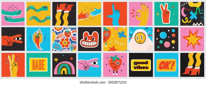 Big Set of Different colored Vector illustartion posters in Cartoon Flat design. Hand drawn Abstract shapes, funny Comic characters. - Shutterstock ID 2052871253