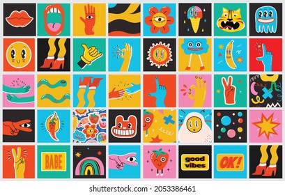 Big Set of Different colored Vector illustartion posters in Cartoon Flat design. Hand drawn Abstract shapes, funny Comic characters.