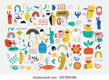 Big Set of Different colored Vector illustartion posters in Cartoon Flat design. Hand drawn Abstract shapes, funny Comic characters.