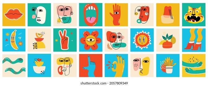 Big Set of Different colored Vector illustartion posters in Cartoon Flat design. Hand drawn Abstract shapes, funny Comic characters.