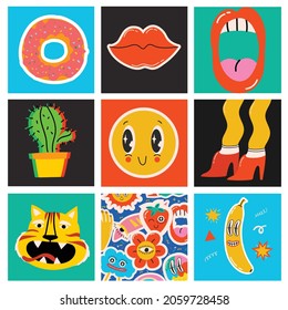 Big Set of Different colored Vector illustartion posters in Cartoon Flat design. Hand drawn Abstract shapes, funny Comic characters.