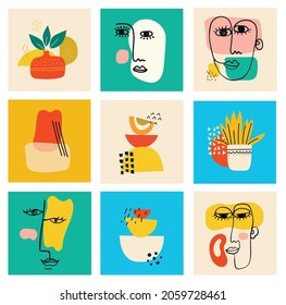 Big Set of Different colored Vector illustartion posters in Cartoon Flat design. Hand drawn Abstract shapes, funny Comic characters.