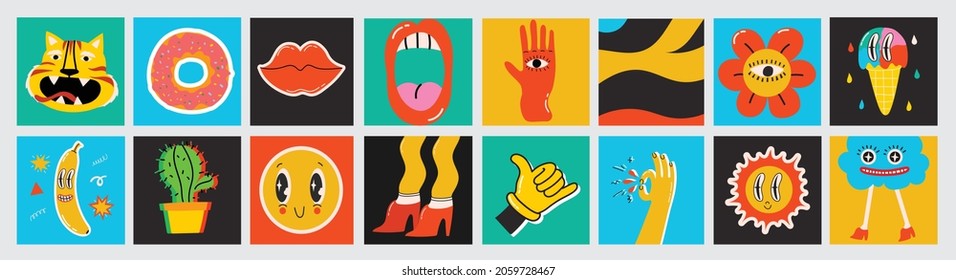 Big Set of Different colored Vector illustartion posters in Cartoon Flat design. Hand drawn Abstract shapes, funny Comic characters.