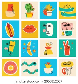 Big Set of Different colored Vector illustartion posters in Cartoon Flat design. Hand drawn Abstract shapes, funny Comic characters.