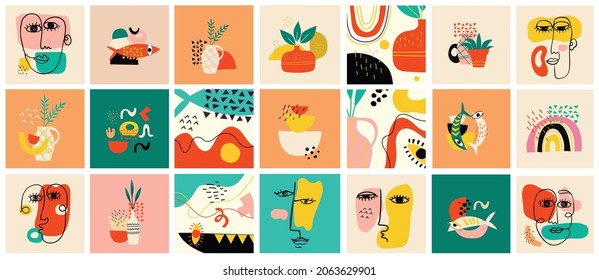 Big Set of Different colored Vector illustartion posters in Cartoon Flat design. Hand drawn Abstract shapes, funny Comic characters.