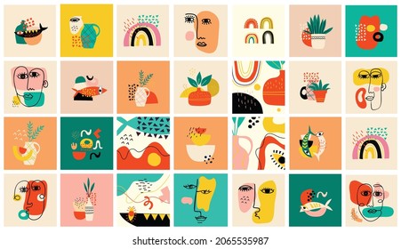 Big Set of Different colored Vector illustartion posters in Cartoon Flat design. Hand drawn Abstract shapes, funny Comic characters.