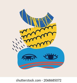 Big Set of Different colored Vector illustartion posters in Cartoon Flat design. Hand drawn Abstract shapes, different texture funny Comic characters.