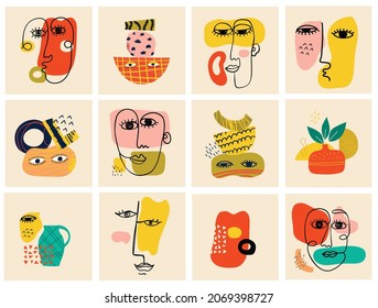Big Set of Different colored Vector illustartions for posters in Cartoon Flat design. Hand drawn Abstract shapes, different texture funny Comic characters.