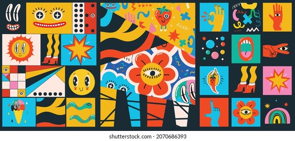 Big Set of Different colored Vector illustartions for posters in Cartoon Flat design. Hand drawn Abstract shapes, different texture funny Comic characters. - Shutterstock ID 2070686393