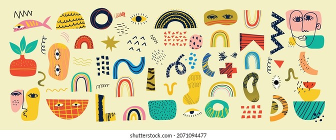 Big Set of Different colored Vector illustartions for posters in Cartoon Flat design. Hand drawn Abstract shapes, different texture funny Comic characters.