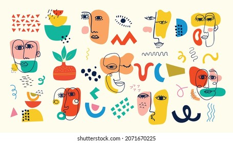 Big Set of Different colored Vector illustartions for posters in Cartoon Flat design. Hand drawn Abstract shapes, faces, different texture funny Comic characters.