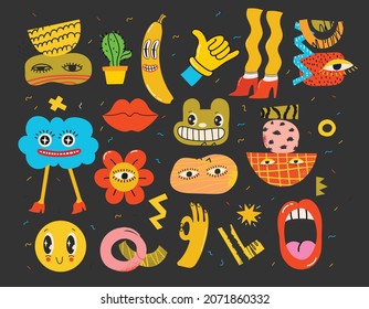 Big Set of Different colored Vector illustartions for posters in Cartoon Flat design. Hand drawn Abstract shapes, faces, different texture funny Comic characters.