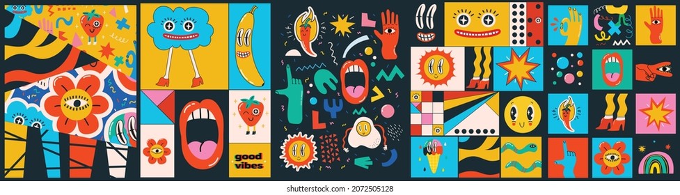 Big Set of Different colored Vector illustartions for posters in Cartoon Flat design. Hand drawn Abstract shapes, faces, different texture funny Comic characters. - Shutterstock ID 2072505128