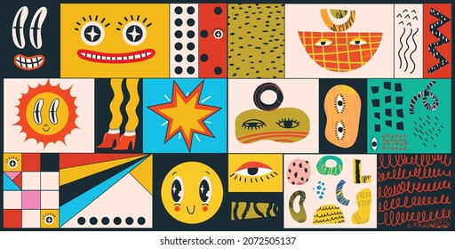 Big Set of Different colored Vector illustartions for posters in Cartoon Flat design. Hand drawn Abstract shapes, faces, different texture funny Comic characters.