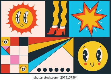 Big Set of Different colored Vector illustartions for posters in Cartoon Flat design. Hand drawn Abstract shapes, faces, different texture funny Comic characters.