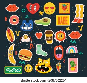 Big Set of Different colored Vector illustartions for posters in Cartoon Flat design. Hand drawn Abstract shapes, faces, different texture funny Comic characters.