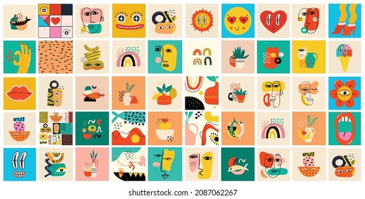 Big Set of Different colored Vector illustartions for posters in Cartoon Flat design. Hand drawn Abstract shapes, faces, different texture funny Comic characters.