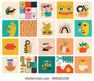 Big Set of Different colored Vector illustartions for posters in Cartoon Flat design. Hand drawn Abstract shapes, faces, different texture funny Comic characters.