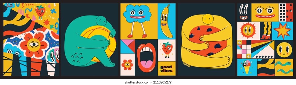 Big Set of Different colored Vector illustartions for posters in Cartoon Flat design. Hand drawn Abstract shapes, faces, different texture funny Comic characters.