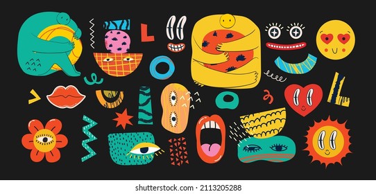 Big Set of Different colored Vector illustartions for posters in Cartoon Flat design. Hand drawn Abstract shapes, faces, different texture funny Comic characters.