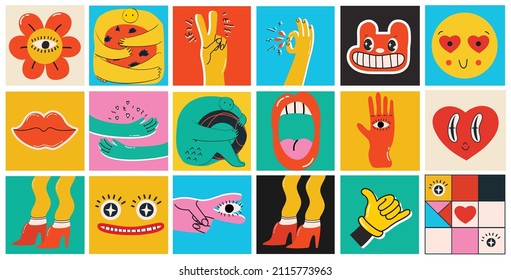 Big Set of Different colored Vector illustartions for posters in Cartoon Flat design. Hand drawn Abstract shapes, faces, different texture funny Comic characters. - Shutterstock ID 2115773963