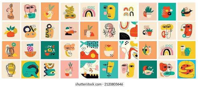 Big Set of Different colored Vector illustartions for posters in Cartoon Flat design. Hand drawn Abstract shapes, faces, different texture, greek elements, funny Comic characters.