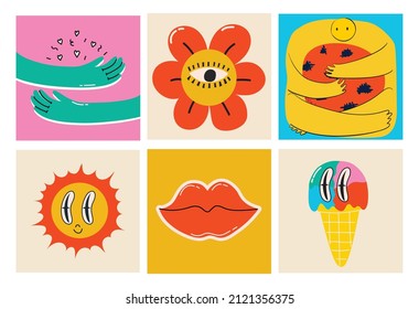 Big Set of Different colored Vector illustartions for posters in Cartoon Flat design. Hand drawn Abstract shapes, faces, different texture funny Comic characters.