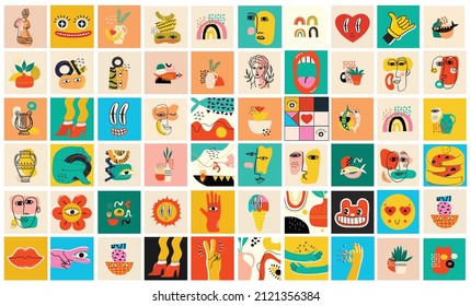 Big Set of Different colored Vector illustartions for posters in Cartoon Flat design. Hand drawn Abstract shapes, faces, different texture, greek elements, funny Comic characters.