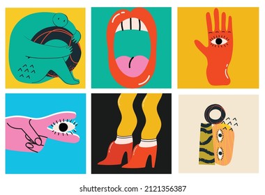 Big Set of Different colored Vector illustartions for posters in Cartoon Flat design. Hand drawn Abstract shapes, faces, different texture funny Comic characters.