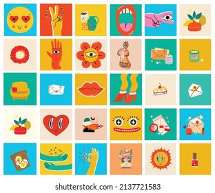 Big Set of Different colored Vector illustartions for posters in Cartoon Flat design. Hand drawn Abstract shapes, faces, different texture, greek elements, funny Comic characters.