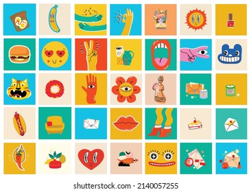 Big Set of Different colored Vector illustartions for posters in Cartoon Flat design. Hand drawn Abstract shapes, faces, different texture, greek elements, funny Comic characters.