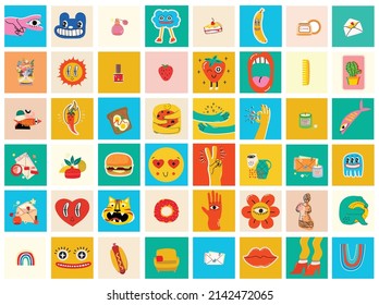 Big Set of Different colored Vector illustartions for posters in Cartoon Flat design. Hand drawn Abstract shapes, faces, different texture, greek elements, funny Comic characters.