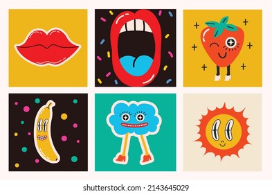 Big Set of Different colored Vector illustartions for posters in Cartoon Flat design. Hand drawn Abstract shapes, faces, different texture, greek elements, funny Comic characters.