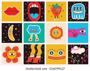 Big Set of Different colored Vector illustartions for posters in Cartoon Flat design. Hand drawn Abstract shapes, faces, different texture, greek elements, funny Comic characters.