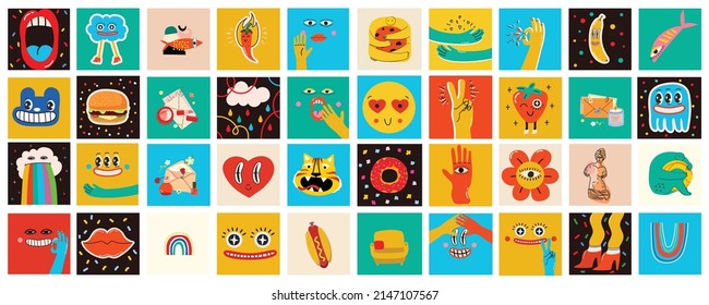 Big Set of Different colored Vector illustartions for posters in Cartoon Flat design. Hand drawn Abstract shapes, faces, different texture, greek elements, funny Comic characters.