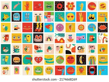 Big Set of Different colored Vector illustartions for posters in Cartoon Flat design. Hand drawn Abstract shapes, faces, different texture, greek elements, funny Comic characters.