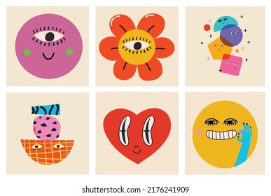 Big Set of Different colored Vector illustartions for posters in Cartoon Flat design. Hand drawn Abstract shapes, faces, different texture, greek elements, funny Comic characters.